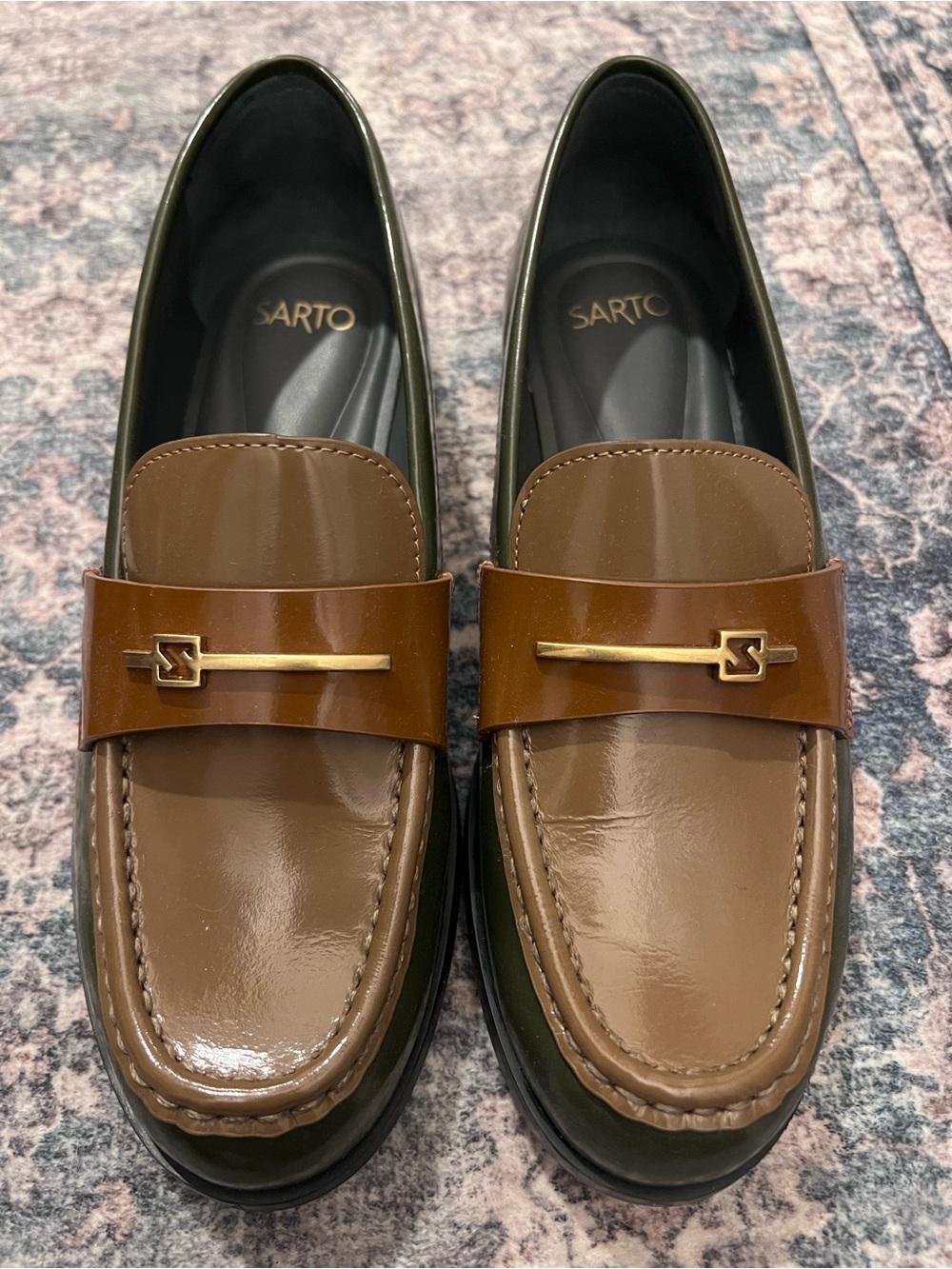 Sarto Women’s Brown Patent Leather Loafers with Gold Accent - Size 6.5